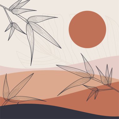 Elle çizilmiş yapraklar, organik şekiller ve modern duvar dekoru ve arka plan için nötr toprak tonu renkleri içeren minimal boho botanik çizimi.