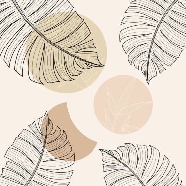 Elle çizilmiş yapraklar, organik şekiller ve modern duvar dekoru ve arka plan için nötr toprak tonu renkleri içeren minimal boho botanik çizimi.