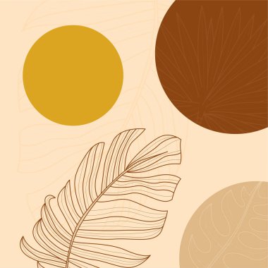 Elle çizilmiş yapraklar, organik şekiller ve modern duvar dekoru ve arka plan için nötr toprak tonu renkleri içeren minimal boho botanik çizimi.