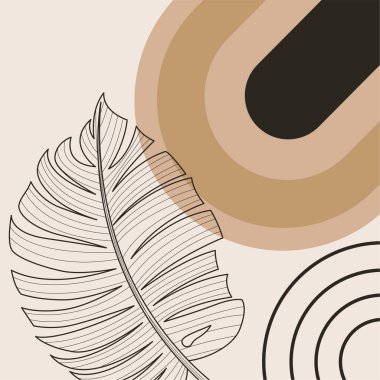 Elle çizilmiş yapraklar, organik şekiller ve modern duvar dekoru ve arka plan için nötr toprak tonu renkleri içeren minimal boho botanik çizimi.