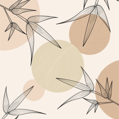 Elle çizilmiş yapraklar, organik şekiller ve modern duvar dekoru ve arka plan için nötr toprak tonu renkleri içeren minimal boho botanik çizimi.