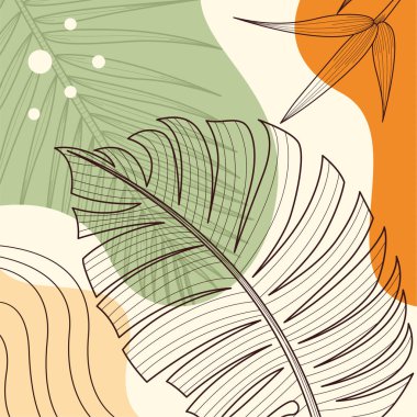 Elle çizilmiş yapraklar, organik şekiller ve modern duvar dekoru ve arka plan için nötr toprak tonu renkleri içeren minimal boho botanik çizimi.