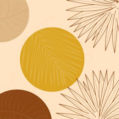 Elle çizilmiş yapraklar, organik şekiller ve modern duvar dekoru ve arka plan için nötr toprak tonu renkleri içeren minimal boho botanik çizimi.
