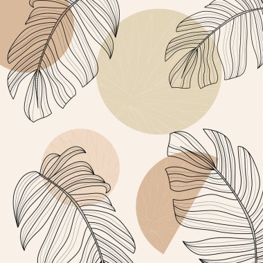 Elle çizilmiş yapraklar, organik şekiller ve modern duvar dekoru ve arka plan için nötr toprak tonu renkleri içeren minimal boho botanik çizimi.