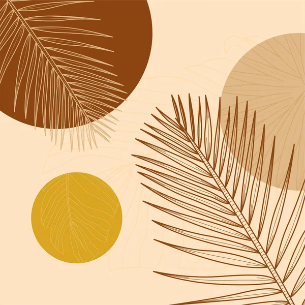 Elle çizilmiş yapraklar, organik şekiller ve modern duvar dekoru ve arka plan için nötr toprak tonu renkleri içeren minimal boho botanik çizimi.