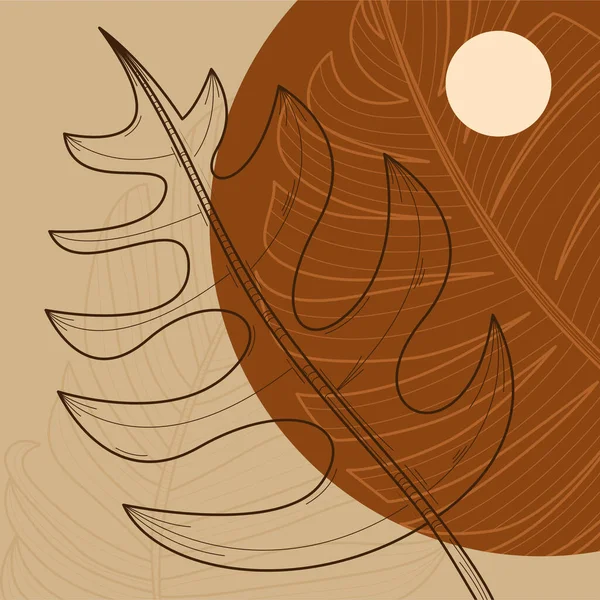 Elle çizilmiş yapraklar, organik şekiller ve modern duvar dekoru ve arka plan için nötr toprak tonu renkleri içeren minimal boho botanik çizimi.