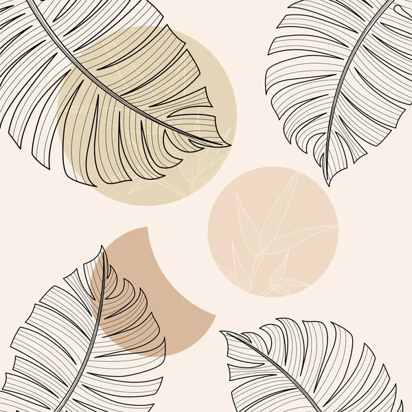 Elle çizilmiş yapraklar, organik şekiller ve modern duvar dekoru ve arka plan için nötr toprak tonu renkleri içeren minimal boho botanik çizimi.