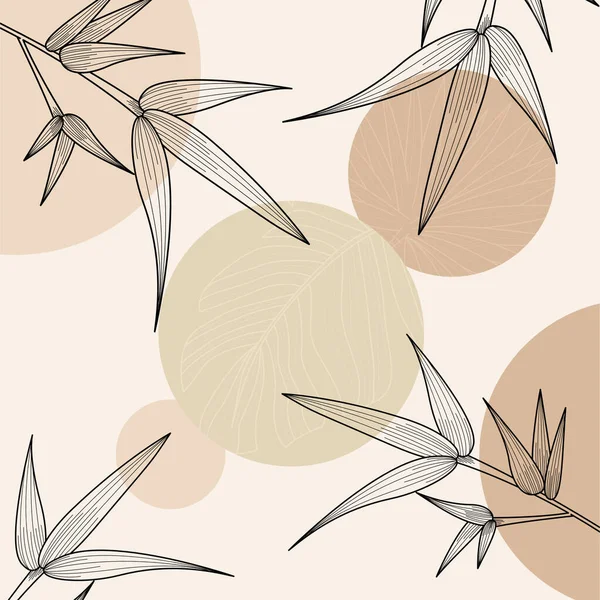 Elle çizilmiş yapraklar, organik şekiller ve modern duvar dekoru ve arka plan için nötr toprak tonu renkleri içeren minimal boho botanik çizimi.