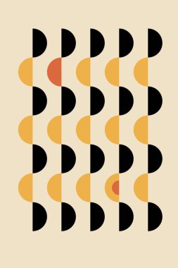 Bauhaus 'tan esinlenilmiş, minimalist şekiller ve modern iç dekorasyon, posterler ve basılabilir sanat eserlerine uygun retro renk paleti içeren geometrik bir duvar sanatı..