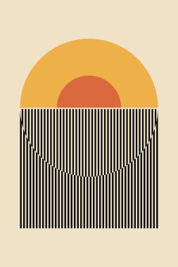 Bauhaus 'tan esinlenilmiş, minimalist şekiller ve modern iç dekorasyon, posterler ve basılabilir sanat eserlerine uygun retro renk paleti içeren geometrik bir duvar sanatı..