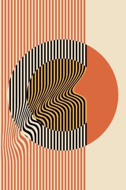 Bauhaus 'tan esinlenilmiş, minimalist şekiller ve modern iç dekorasyon, posterler ve basılabilir sanat eserlerine uygun retro renk paleti içeren geometrik bir duvar sanatı..