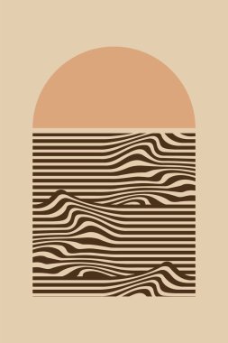 Organik dalga çizgileri olan minimum soyut peyzaj sanatı. Yüzyılın Ortası Akan Çizgilerle Soyut Manzaraya İlham Verdi