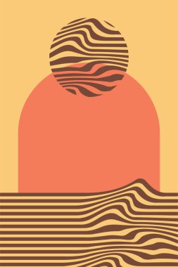 Organik dalga çizgileri olan minimum soyut peyzaj sanatı. Yüzyılın Ortası Akan Çizgilerle Soyut Manzaraya İlham Verdi