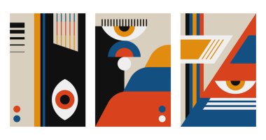 Yüzyıl ortası Modern Soyut Geometrik Posterler Retro Şekiller ve Kalın Bauhaus Biçimli Renkler