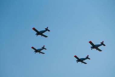 Budapeşte, Macaristan - 20 Ağustos 2024: Budapeşte üzerinde akrobasi yapan dört Zlin-142 uçağı