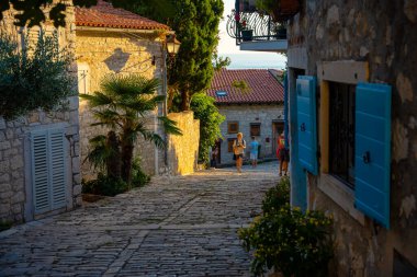 Rovinj, Hırvatistan - 14 Ağustos 2025: Taş evler, mavi kepenkler, palmiye ağaçları ve deniz kenarındaki sıcak altın saatin keyfini çıkaran gece yürüyüşçüleriyle dolu güneşli bir kaldırım taşı caddesi.