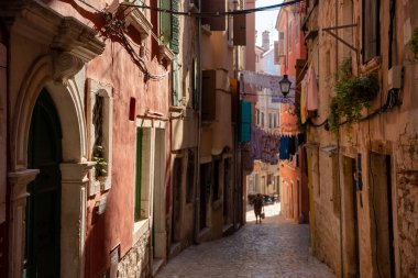 Rovinj, Hırvatistan - 15 Ağustos 2025: Sıcak güneş ışığı filtreleri eski renkli duvarlarla çevrili dar bir kaldırım taşından geçiyor ve çamaşırları asıyor, zamansız bir Akdeniz havası yaratıyor.