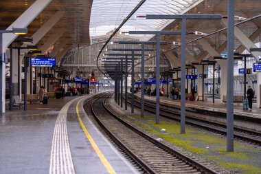 Salzburg, Avusturya - 24 Aralık 2024: Kavisli rayışlı rayları, mavi tabelaları ve soğuk bir sabahta cam tepe altında bekleyen gezginleri olan modern tren istasyonu.