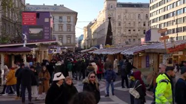 Budapeşte, Macaristan - 23 Kasım 2024: Ahşap tezgahlı kalabalık bir Budapeşte Noel meydanı, uzun süslü bir ağaç ve açık bir öğleden sonra gökyüzü altında kışlık giysiler giyen insanlar.
