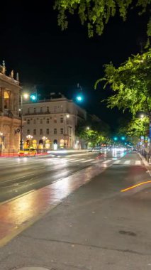 Budapeşte, Macaristan - 10 Ağustos 2024: Budapeşte 'nin opera binası yakınlarında gece araba trafiği. Zaman atlamalı, kaydırmalı geçiş, dikey yönelim.