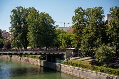 Ljubljana, Slovenya - 10 Ağustos 2025: Ljubljanica Nehri boyunca uzanan ve Ljubljana 'da yemyeşil ağaçlar ve tarihi binalarla çevrili bir yaya köprüsü manzarası.