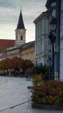 Szekesfehervar, Macaristan - 2 Kasım 2024: Szekesfehervar 'ın Cozy Charm' ı - Renkli evler ve çiçek açan güzel bir cadde. Zaman geçişi, kaydırma geçişi, dikey yönelim.