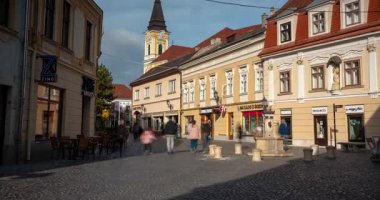 Szekesfehervar, Macaristan - 2 Kasım 2024: Liszt Ferenc Street Charm. Szekesfehervar 'ın ağaçlarla kaplı zarif caddesinde sessiz bir yürüyüş. Zaman ayarlı, kaydırmalı geçiş.
