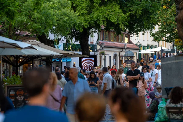 Avrupa yazının hareketli atmosferini yakalayan bu çekim, Ljubljana 'nın tarihi merkezinde hareketli bir yaya caddesini gösteriyor. Kalabalık turistler ve yerel halk açık kafelerin ve büyük ağaçların gölgesindeki dükkanların önünden geçiyor. Sıcak doğal ışık ve titreşim