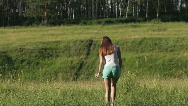 Vrij jong meisje plukken bloemen in zomer weide — Stockvideo