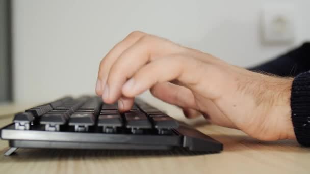 Close-up male hands typing at desktop computer keyboard — Stock Video