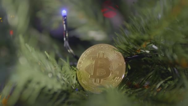 クリスマスツリー上のBitcoinのコイン。メリークリスマスと幸せな新年. — ストック動画