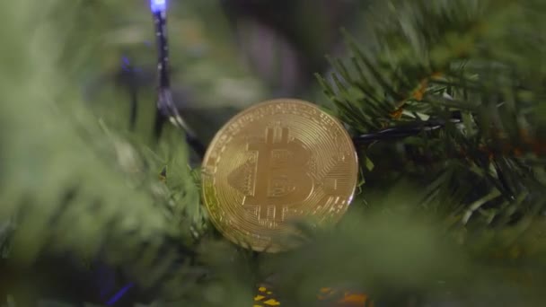 ビットコインとガーランドのクローズアップのコインで飾られたクリスマスツリー. — ストック動画