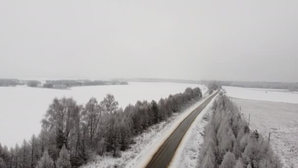 Widok z lotu ptaka na samochody jadące po śnieżnej drodze w okresie zimowym. — Wideo stockowe