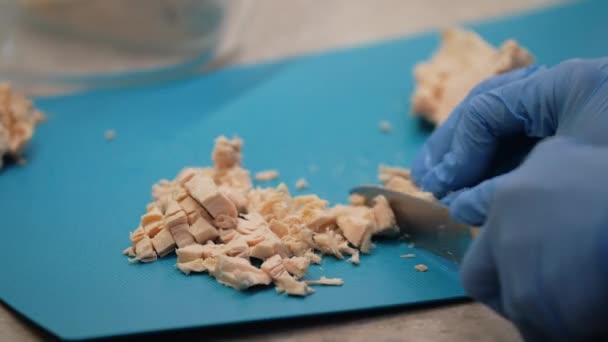 Zbliżenie kobiet ręce z nożem plastry gotowanego kurczaka filet. — Wideo stockowe