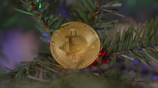 Физическая монета Биткойн. bitcoin быстро растет. Лучший подарок на Новый год и Рождество. — стоковое видео