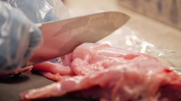 Chef cortando carne de conejo cruda — Vídeos de Stock