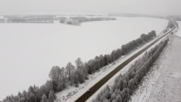 Vue aérienne survolant une piste d'hiver au milieu d'arbres enneigés par une journée nuageuse. — Video