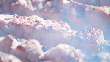 Et ızgarada. Şiş kebap pişiriyorum..