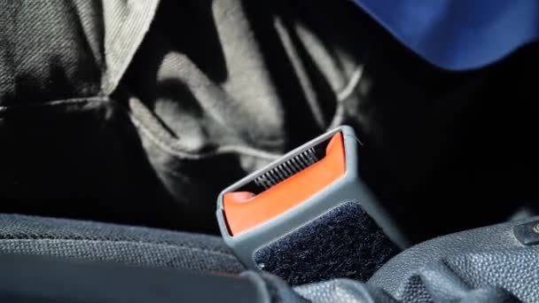 Male hand fastening car safety seat belt before driving — Stock Video