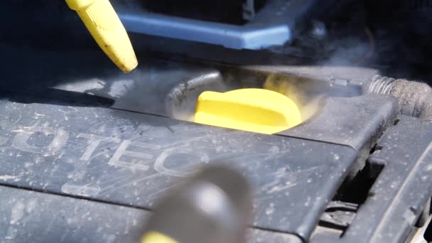 Yüksek basınçlı buharlı araba temizleme kompartımanı. Oto yıkama ya da temizlik kavramları. — Stok video