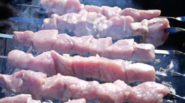 Izgarada pişmiş çiğ şiş kebap. Yavaş çekim 200 fps