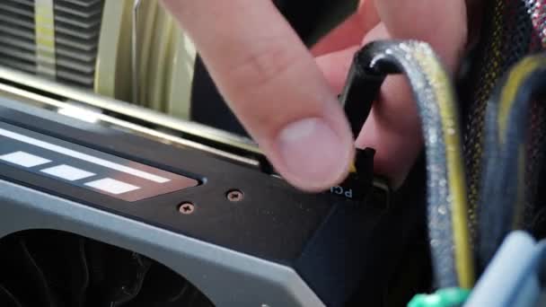 Scollegare un cavo di alimentazione a 6 pin alla scheda video su un PC desktop. — Video Stock