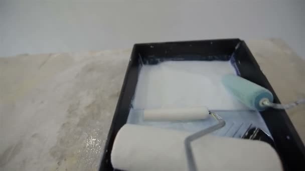 ミニローラーは白いプライマーで浴槽に浸漬されています — ストック動画