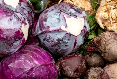 Taze, çiğ sebzelerin yakın plan görüntüsü. Yığında canlı mor lahanalar, toprak pancar kökleri ve bu sağlıklı, taze çiftlik malzemelerinin doğal dokularını ve renklerini vurgulayan yumru kereviz bulunuyor..