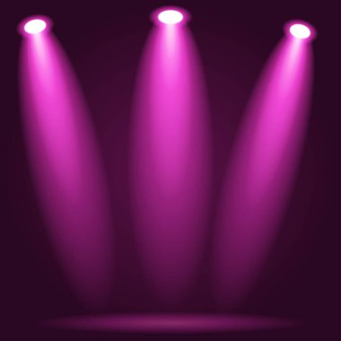 Üç parlak pembe spot ışıklarıyla aydınlatılmış karanlık bir sahnenin vektör çizimi. Performans, gösteri, sunum veya ürün gösterimi için soyut arkaplan dramatik ve odaklanmış bir atmosfer yaratıyor.