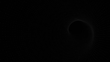 Beyaz noktalardan oluşan fütüristik bir tünel şeklinin siyah bir arkaplanda yer aldığı dijital soyut bir illüstrasyon. Parçacık örgüsü, teknoloji veya bilim kurgu temaları için uygun bir derinlik ve hareket hissi yaratır..