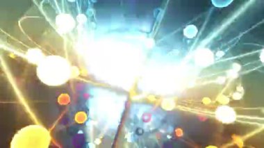 Parlayan kürelerin soyut geleceksel ağı ve parlak ışık çekirdeği etrafında dönen bağlayıcı çizgiler