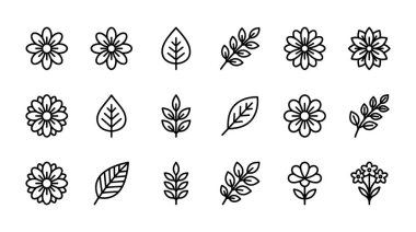 Beyaz bir arkaplanda izole edilmiş basit siyah bir taslak şeklinde çizilmiş çeşitli çiçek ve yaprak simgeleri. Logolar ve doğa temalı projeler için mükemmel.