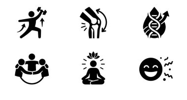 Sağlığın önemli yönlerini temsil eden siyah simgelerden oluşan bir derleme. Egzersiz, ortak sağlık, genetik, sosyal bağlantı, meditasyon ve mutluluk gibi..