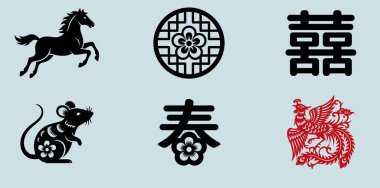 Kağıt kesiği tarzında altı geleneksel Çin kültürel ikonu koleksiyonu. Sette at, fare ve ejderha gibi zodyak hayvanların yanı sıra evliliğin çifte mutluluk sembolü, yeni yılı temsil eden bahar karakteri ve bir d yer alıyor.